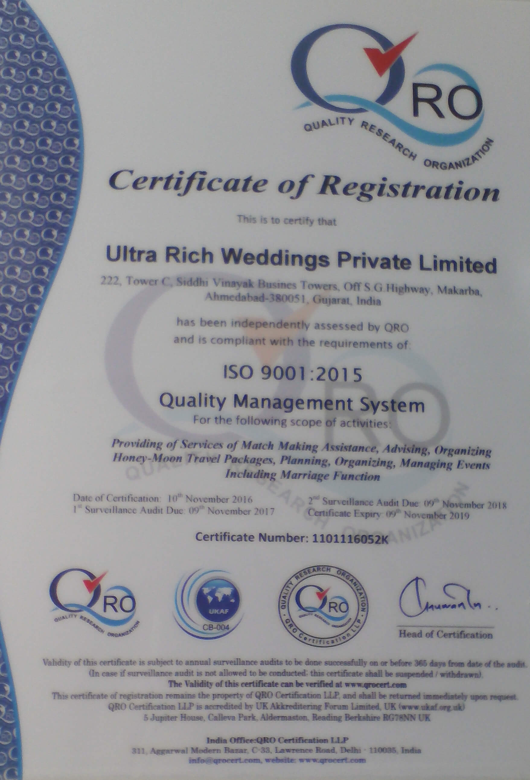 Ultra Rich Weddings Pvt. Ltd. an ISO 9001: 2008 Certified Company
